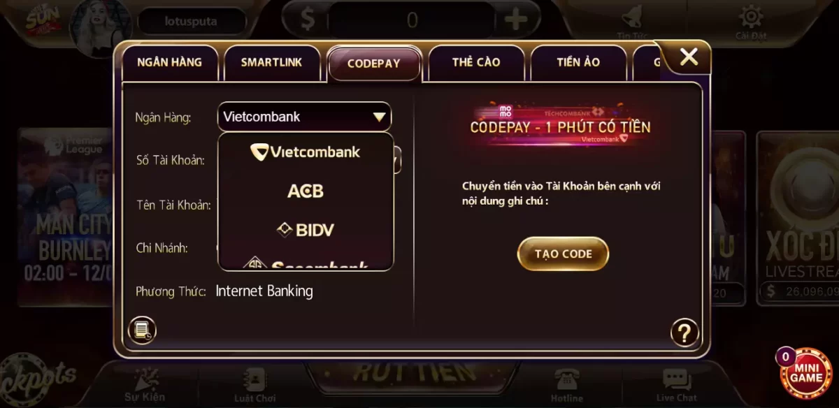 Nạp tiền thông qua các loại ví điện tử 