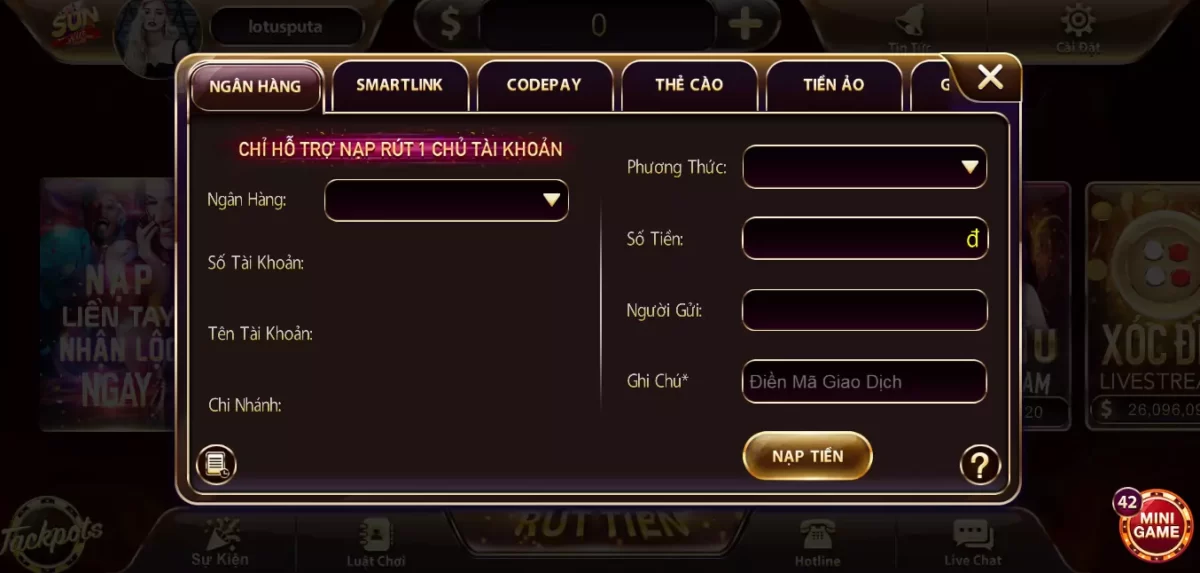 Nạp tiền Sunwin thông qua tài khoản ngân hàng (Internet Banking) 