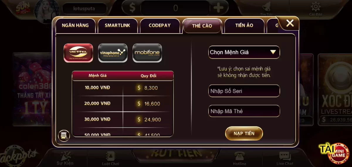 Nạp tiền thông qua thẻ cào điện thoại 